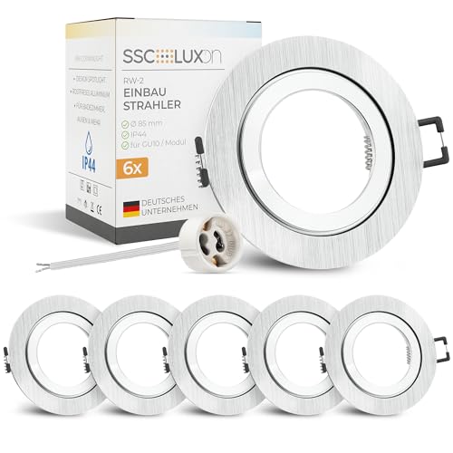 SSC-LUXon 6 Stück RW-2 Einbaustrahler Rahmen IP44 für GU10 oder Modul - Bad Einbauleuchte gebürstet (Lieferung ohne Leuchtmittel) von SSC-LUXon