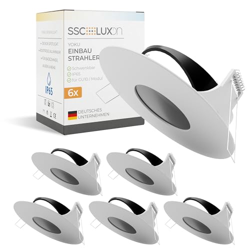 SSC-LUXon 6 Stück YOKU Einbaustrahler IP65 schwenkbar für GU10 & LED Modul - Deckenstrahler Spot für Bad & Außenbereich 230V rund weiß SSC-LUXon 6 Stück YOKU Einbaustrahler IP65 schwenkbar für GU10 & LED Modul - Deckenstrahler Spot für Bad & Außenbereich 230V rund weiß von SSC-LUXon