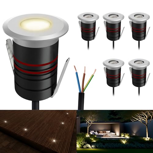 SSC-LUXon 6er Pack JAVO Bodeneinbauspots LED Außen 230V Erdstrahler warmweiß - Bodenleuchte klein begehbar IP67 Alu Ø 47mm von SSC-LUXon