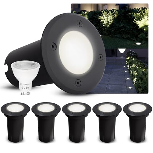 SSC-LUXon 6er Set KALPA LED Bodeneinbauspot schwarz rund GU10 3W neutralweiß 230V IP67 Bodenleuchte regenfest & befahrbar von SSC-LUXon