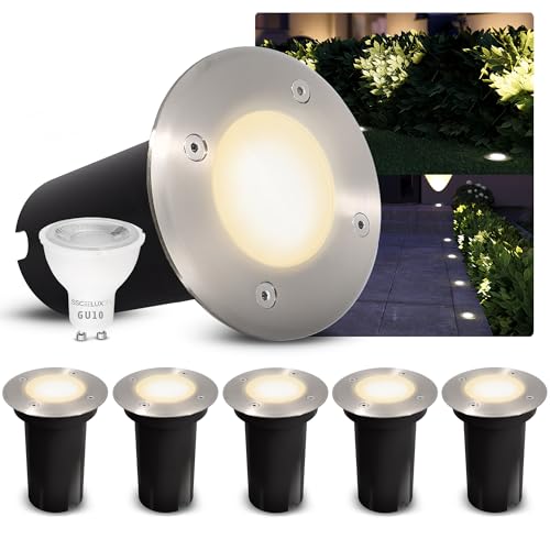 SSC-LUXon 6er Set KALPA LED Bodenleuchte rund silber gebürstet GU10 3W warmweiß IP67 Bodeneinbaustrahler regenfest & befahrbar von SSC-LUXon