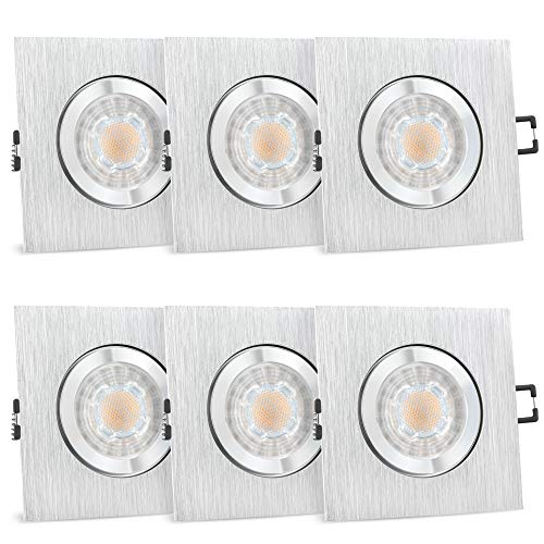 SSC-LUXon 6er Set QW-2 Einbauspots LED eckig GU10 dimmbar - IP44 Bad & Außen in Alu gebürstet mit wechselbarem GU10 LED warmweiß 7W dim von SSC-LUXon