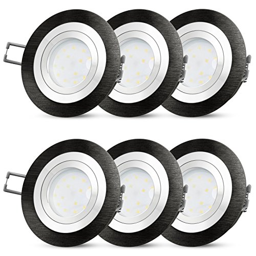 SSC-LUXon 6er Set RF-2 LED Einbaustrahler flach & rund in Alu schwarz - mit wechselbarem LED 4W 230V warmweiß - Spot Einbauleuchte 30mm von SSC-LUXon