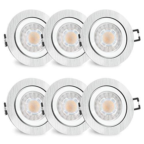SSC-LUXon 6er Set RW-2 Bad Einbaustrahler GU10 LED dimmbar - mit tauschbarem LED GU10 7W warmweiß - Spot rund gebürstet IP44 Bad & Außen von SSC-LUXon