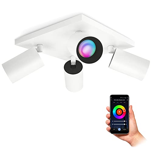 SSC-LUXon ALVO Deckenstrahler 4 flammig weiß LED mit 4x Smart Wifi GU10 RGB Lampe - Deckenlampe schwenkbar kompatibel mit Alexa, Siri, Google von SSC-LUXon