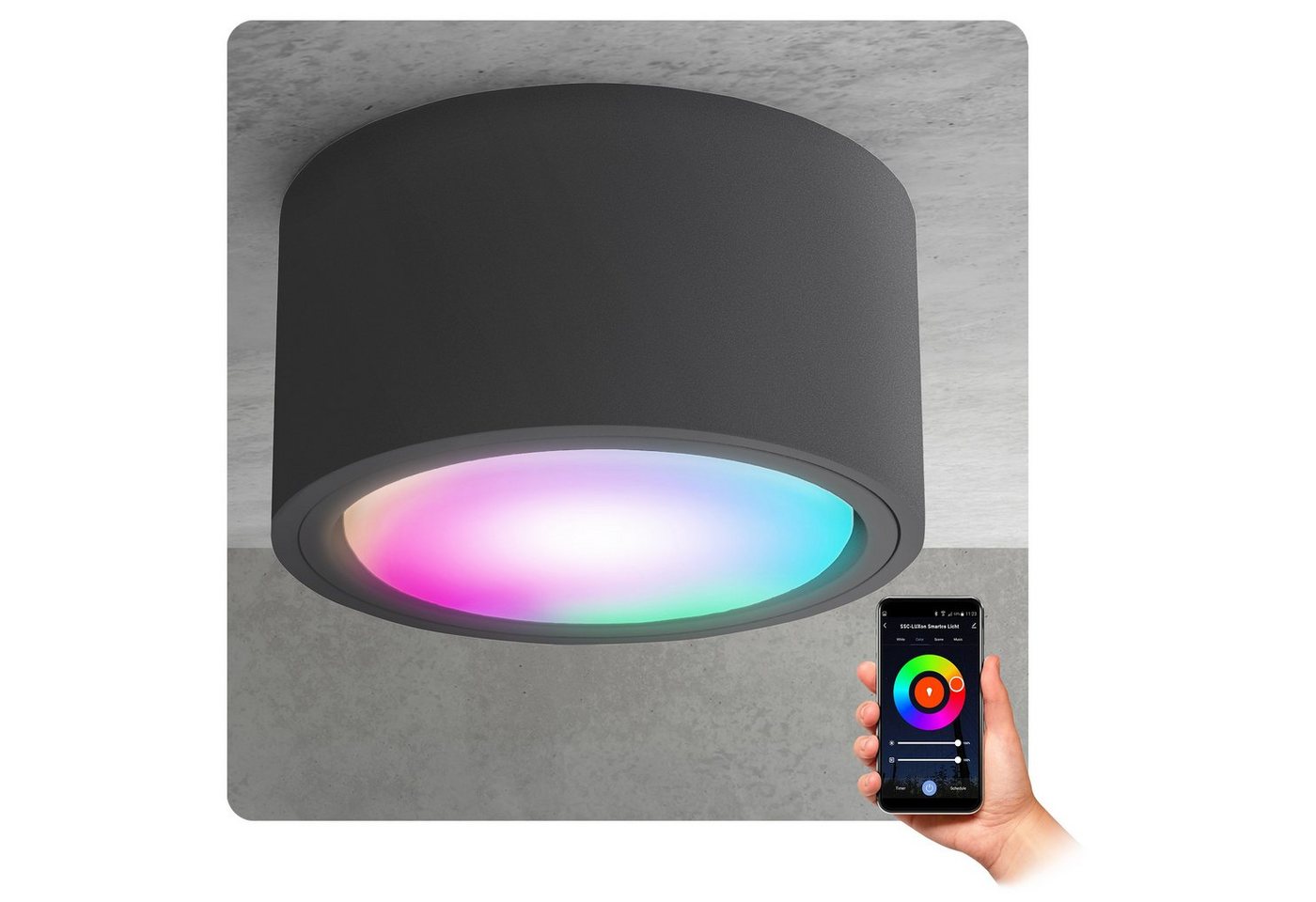 SSC-LUXon Aufbauleuchte CELI-X Decken Aufbauspot flach anthrazit rund mit Smart WLAN RGB LED, RGB & Weißtöne von SSC-LUXon