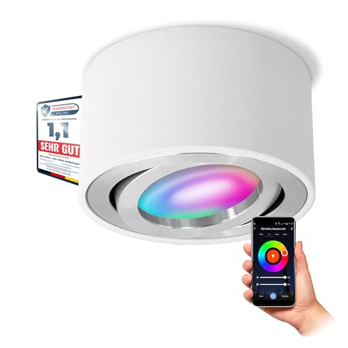 SSC-LUXon CELI-1WM Aufbaustrahler flach weiß schwenkbar mit WiFi LED RGB+ Smart - Deckenstrahler Spot kompatibel mit Alexa, Siri & Google von SSC-LUXon