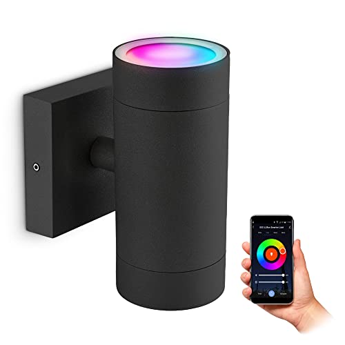 SSC-LUXon ESMO Smarte LED Aussenleuchte für die Wand Up & Down IP54 mit 2x RGB+ GU10 WLAN (steuerung per App & Sprache) - Wandleuchte schwarz rund von SSC-LUXon