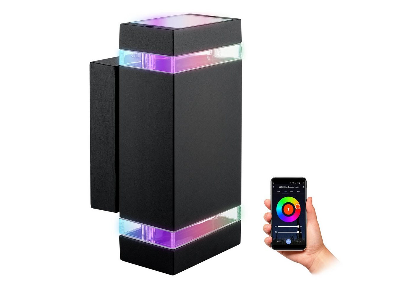 SSC-LUXon LED Aufbaustrahler ZORA Aussen Wandleuchte Up & Down IP44 schwarz mit 2x Smart RGB GU10, RGB von SSC-LUXon