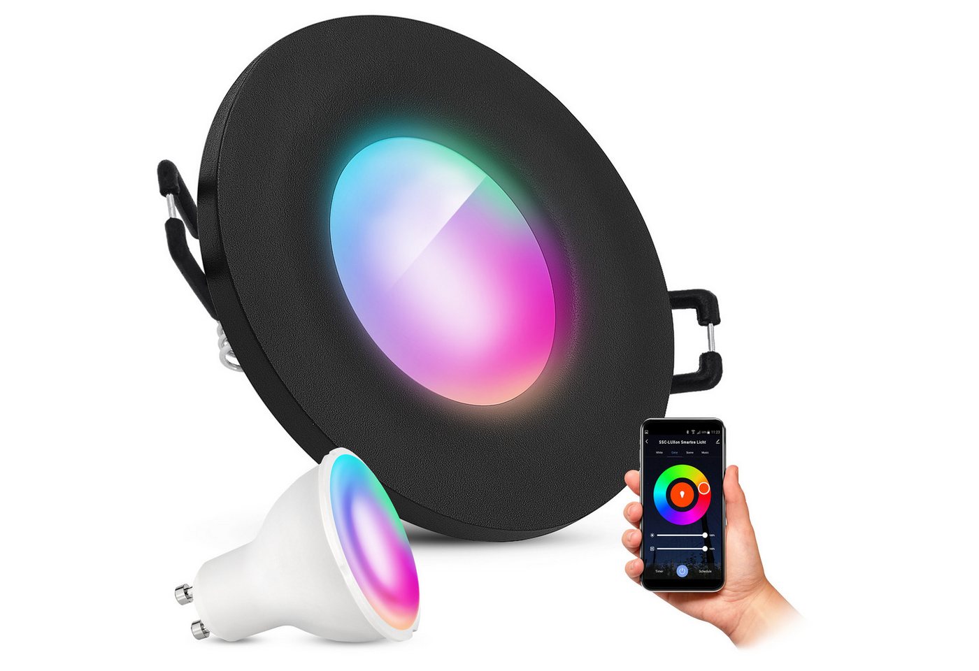 SSC-LUXon LED Außen-Deckenleuchte BEDA Spot Schwarz rund IP65 mit LED 5W GU10 WLAN RGB Strahler dimmbar, RGB & Weißtöne von SSC-LUXon