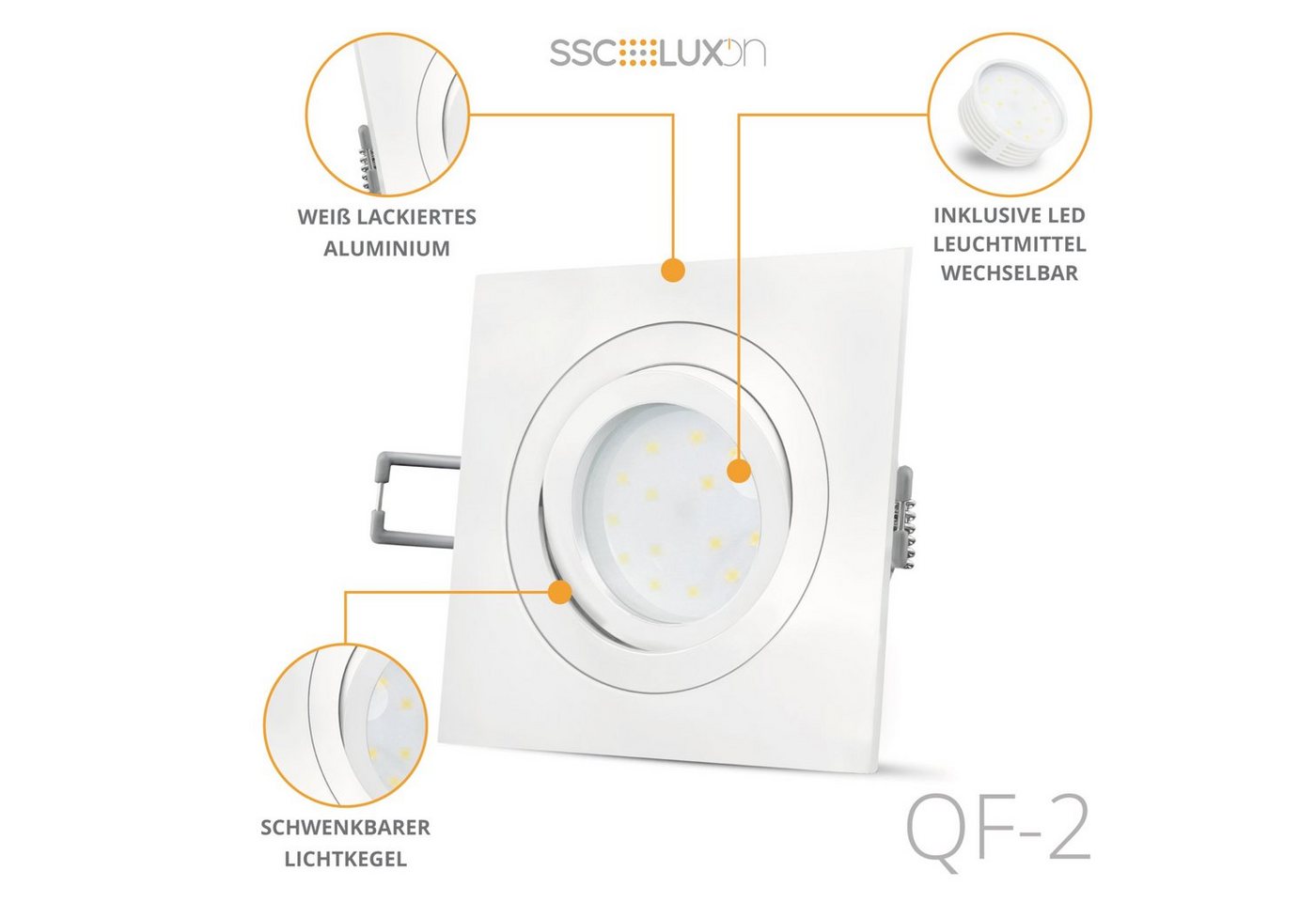 SSC-LUXon LED Einbaustrahler QF-2 LED Einbauspot weiss, flach & schwenkbar mit LED Modul 4W, Neutralweiß von SSC-LUXon