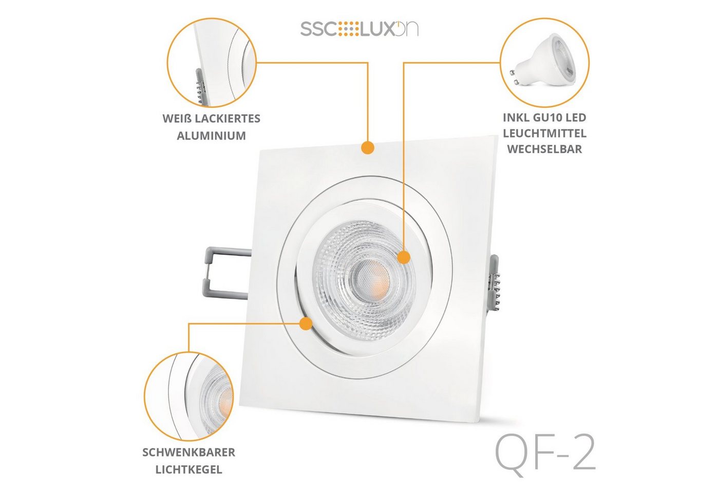 SSC-LUXon LED Einbaustrahler QF-2 LED Einbaustrahler weiss quadratisch schwenkbar mit GU10 LED, Warmweiß von SSC-LUXon