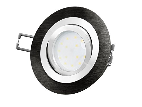 SSC-LUXon LED-Einbaustrahler Ultra flach (30mm) RF-2 rund Alu schwarz gebürstet schwenkbar mit 4W LED Modul warmweiß 2700K 230V ohne Trafo | Oberfläche schwarz eloxiert | glanzpolierter Innenring von SSC-LUXon