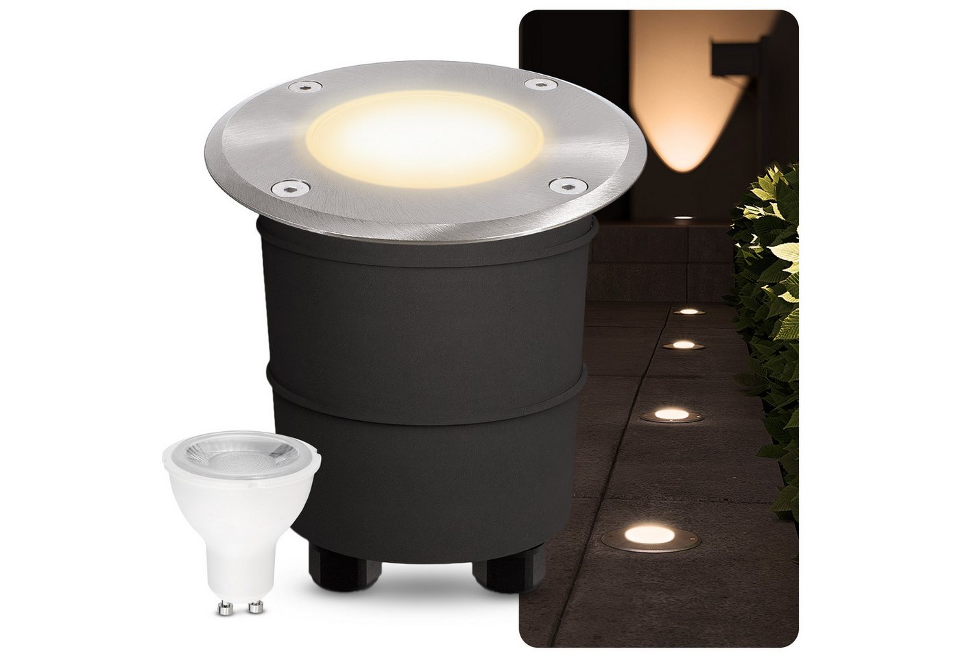 SSC-LUXon LED Gartenstrahler Bodeneinbaustrahler MARNE in rund IP67 mit LED GU10 mit 3W warmweiss, Warmweiß von SSC-LUXon