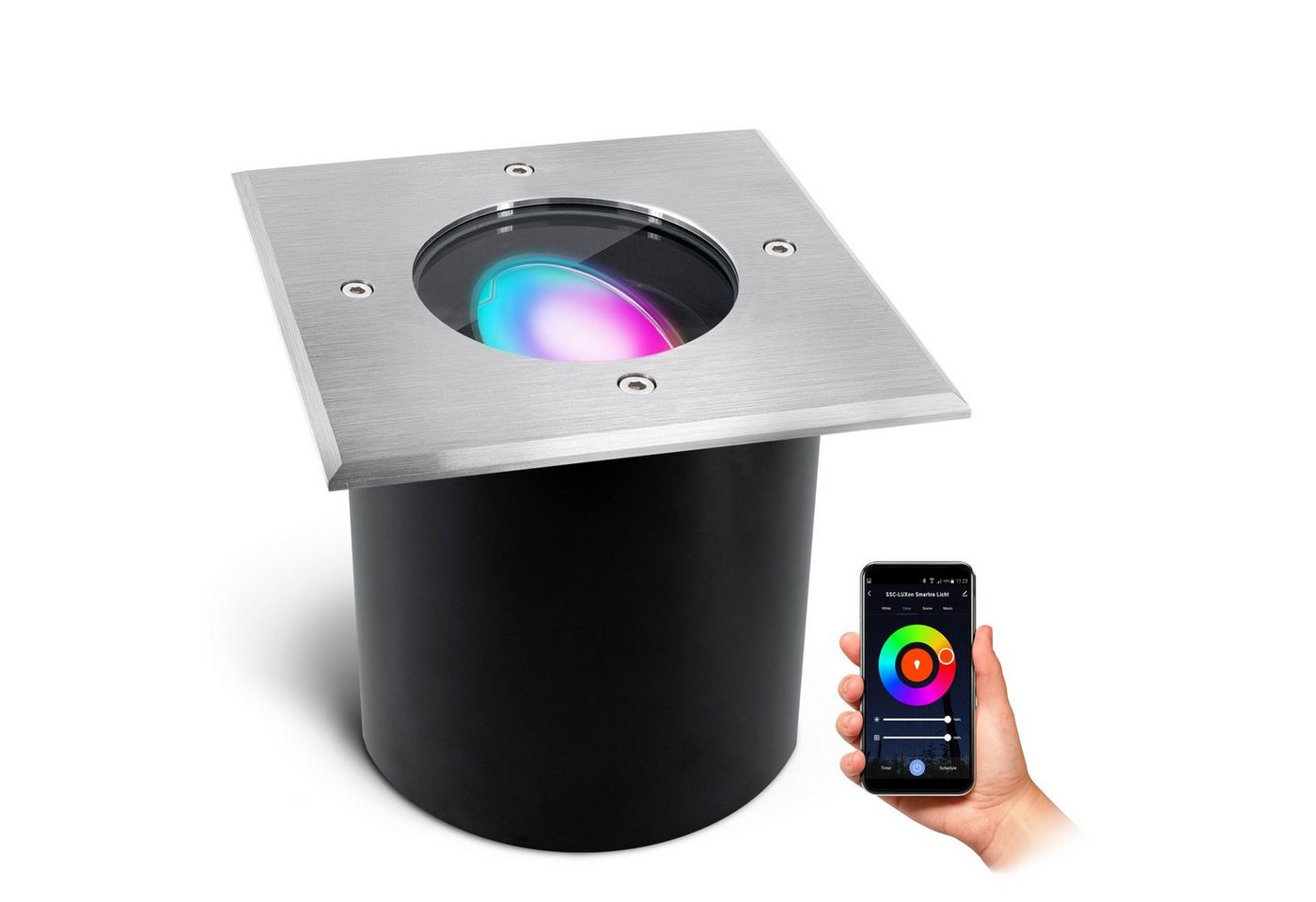 SSC-LUXon LED Gartenstrahler JADINA flacher Bodenstrahler schwenkbar eckig IP67 mit Smart RGB LED, RGB & Weißtöne von SSC-LUXon