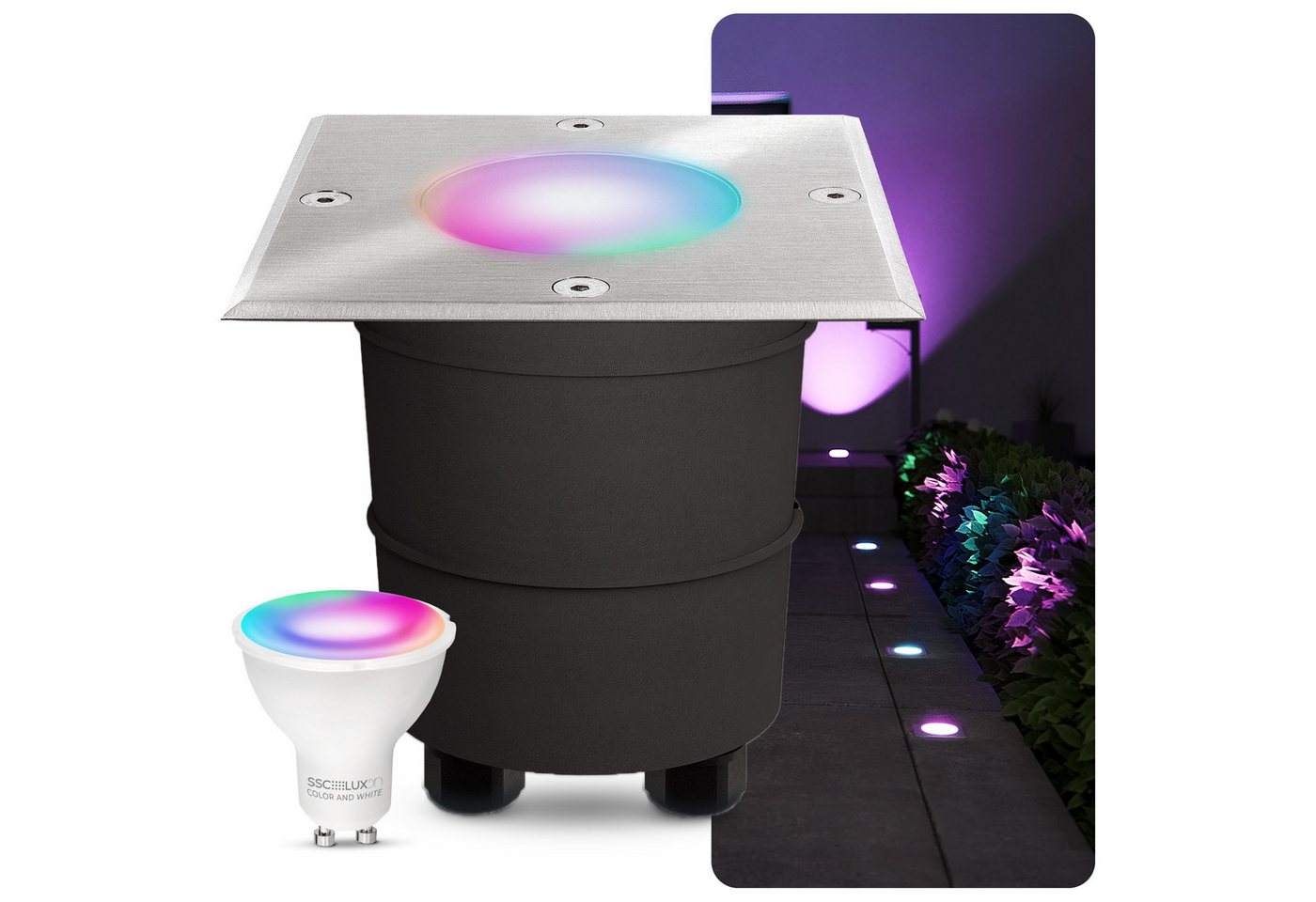 SSC-LUXon LED Gartenstrahler MADON Bodeneinbauleuchte IP67 quadratisch mit Smart WLAN RGBW GU10 LED, RGB & Weißtöne von SSC-LUXon