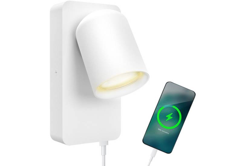 SSC-LUXon LED Wandleuchte NERU Nachttischlampe weiß GU10 LED warmweiß, USB & Schalter, Warmweiß von SSC-LUXon