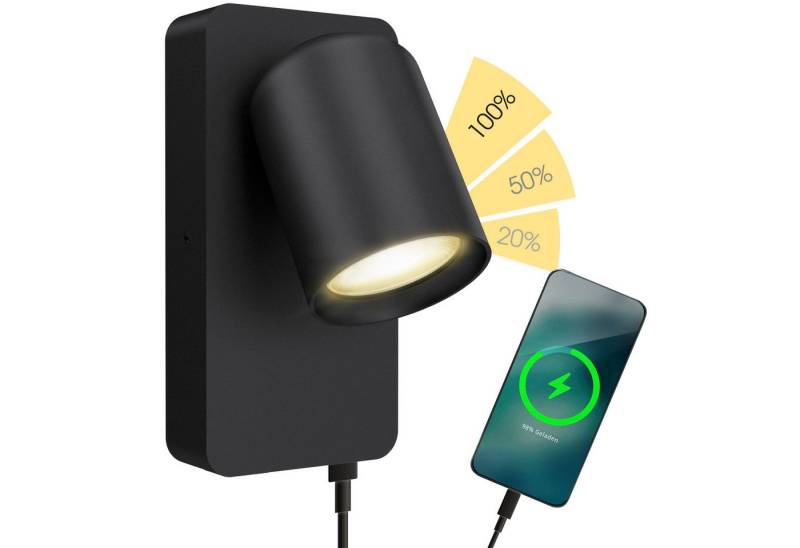 SSC-LUXon LED Wandleuchte NERU Wandleuchte schwarz USB mit fourSTEP LED GU10 warmweiß, Warmweiß von SSC-LUXon