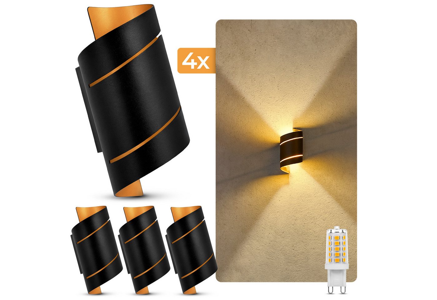 SSC-LUXon LED Wandleuchte Wandleuchte VYRA schwarz Up Down mit LED G9 3W warmweiß Wandstrahler, Warmweiß von SSC-LUXon