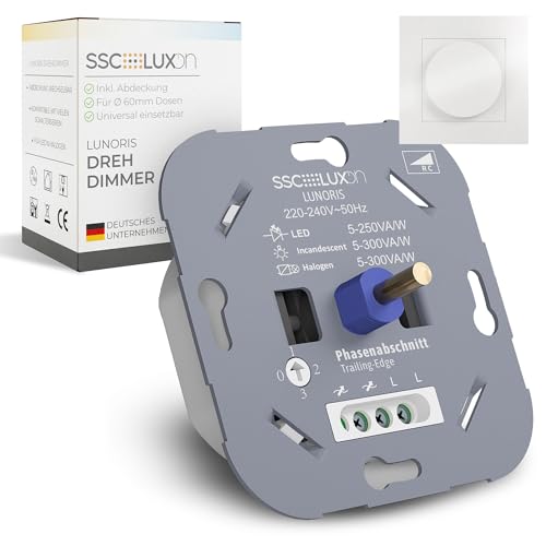 SSC-LUXon LUNORIS Universal Drehdimmer Unterputz 5-250W LED Halogen - Phasenabschnitt Dimmer 230V für Unterputzdose 60mm Abdeckung weiß von SSC-LUXon