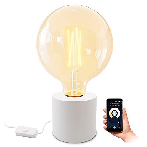 SSC-LUXon NAMBI Tischleuchte E27 weiß inkl. Smart WLAN LED Retro Lampe - Nachttischlampe inkl. Kabelschalter Steuerung per App & Sprache von SSC-LUXon