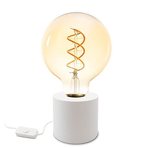 SSC-LUXon NAMBI Tischleuchte Retro weiß inkl. Filament E27 LED Glühbirne warmweiß - Design Nachttischleuchte mit Kabelschalter von SSC-LUXon