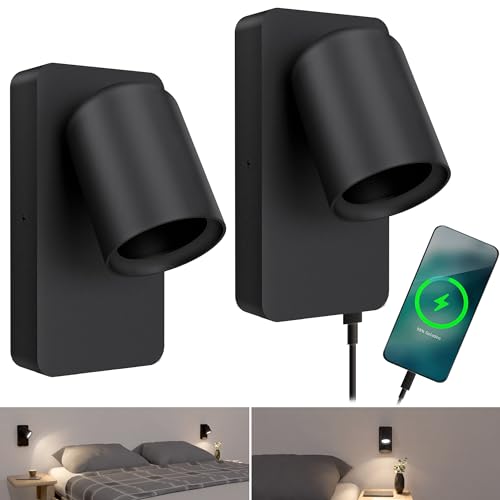 SSC-LUXon NERU 2 Stück Wandleuchte scandi schwarz drehbar - Leselampe Schlafzimmer mit USB Anschluss, Lichtschalter, GU10 Fassung von SSC-LUXon