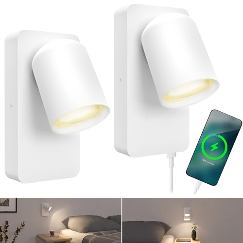 SSC-LUXon NERU 2er Nachttischlampe weiß - moderne Wandlampe innen inkl. USB Ladefunktion, Schalter & LED GU10 Lampe warmweiß von SSC-LUXon