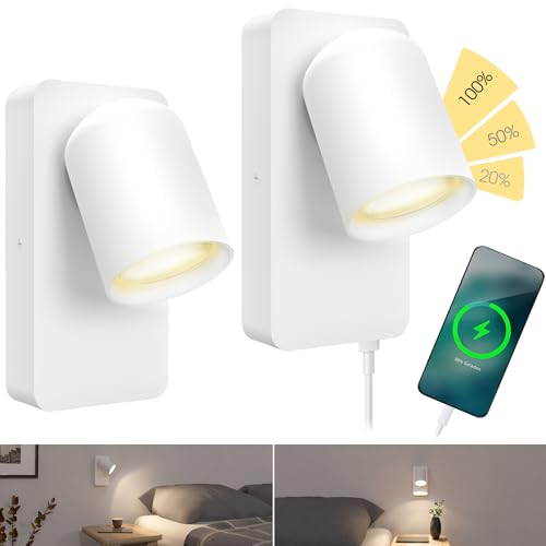 SSC-LUXon NERU Design Nachttischlampe 2 Stück weiß - Wandlampe innen inkl. USB, Schalter & LED GU10 Lampe dimmbar ohne Dimmer von SSC-LUXon