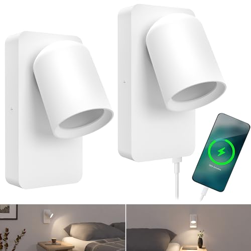 SSC-LUXon NERU Design Nachttischlampe Wand 2er Set weiß - moderne Wandlampe innen inkl. USB Ladestation, und Schalter, für GU10 von SSC-LUXon