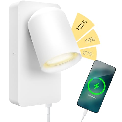 SSC-LUXon NERU Design Nachttischlampe weiß - moderne Wandlampe innen inkl. USB, Schalter & LED GU10 Lampe dimmbar ohne Dimmer von SSC-LUXon