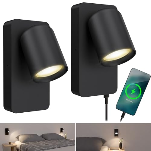 SSC-LUXon NERU Wandleuchte 2 Stück scandi drehbar - Leselampe Schlafzimmer mit USB & Schalter inkl. LED GU10 Lampe warmweiß von SSC-LUXon