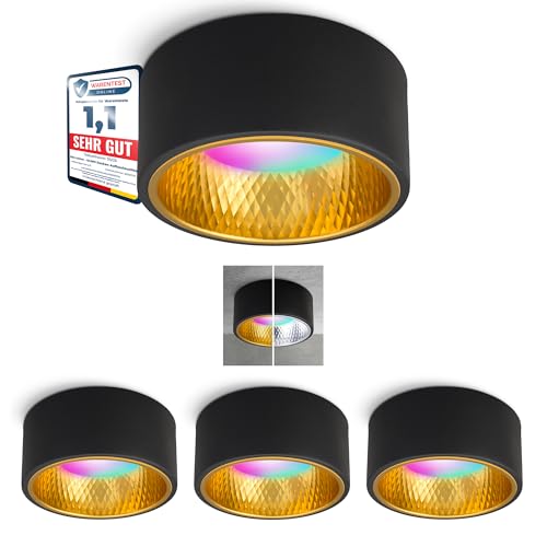 SSC-LUXon OLINO Aufbauleuchte schwarz gold 4er kompatibel mit Alexa, Siri & Google - Spotleuchte flach inkl. Smart LED RGBW GX53 von SSC-LUXon