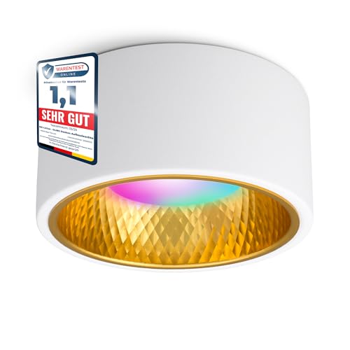SSC-LUXon OLINO Aufbaustrahler weiß gold mit LED Lampe kompatibel mit Alexa, Siri & Google - Spot flach mit Smart LED RGB+W GX53 von SSC-LUXon