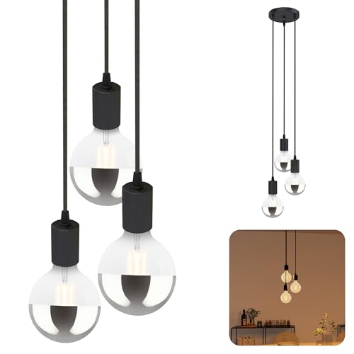SSC-LUXon PARU Hängeleuchte 3-flammig Retro - Industrial Style Pendellampe mit Textilkabel inkl. Kopfspiegel XL Globe Lampen von SSC-LUXon