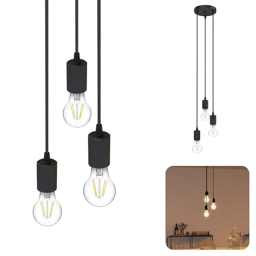 SSC-LUXon PARU Hängeleuchte 3 flammig schwarz rund inkl. E27 LED Lampen warmweiß - schlichte Pendellampe Textilkabel höhenverstellbar von SSC-LUXon