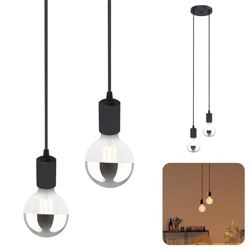 SSC-LUXon PARU Pendelleuchte Vintage 2-flammig schwarz - Design Hängelampe mit Textilkabeln inkl. 2x E27 Kopfspiegel LED Lampen von SSC-LUXon