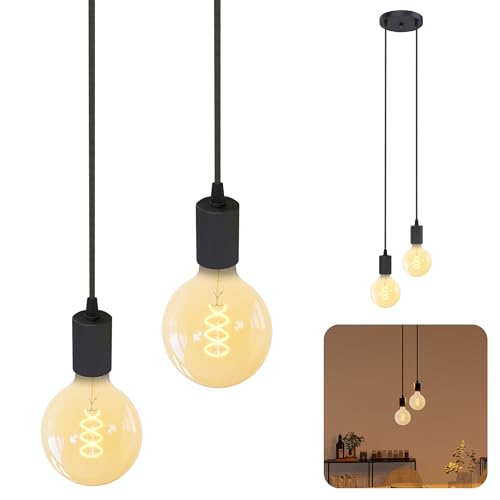 SSC-LUXon PARU Pendelleuchte Vintage 2-flammig schwarz - Design Hängelampe mit Textilkabeln inkl. 2x E27 LED Filament Globe XL von SSC-LUXon