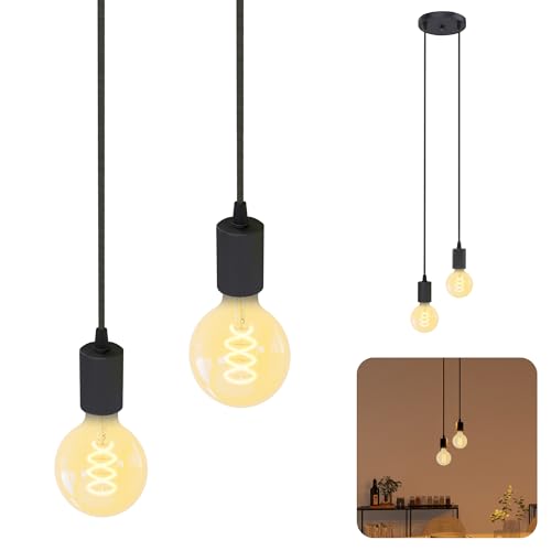SSC-LUXon PARU Pendelleuchte Vintage 2-flammig schwarz - Design Hängelampe mit Textilkabeln inkl. 2x E27 LED Lampen extra warmweiß von SSC-LUXon