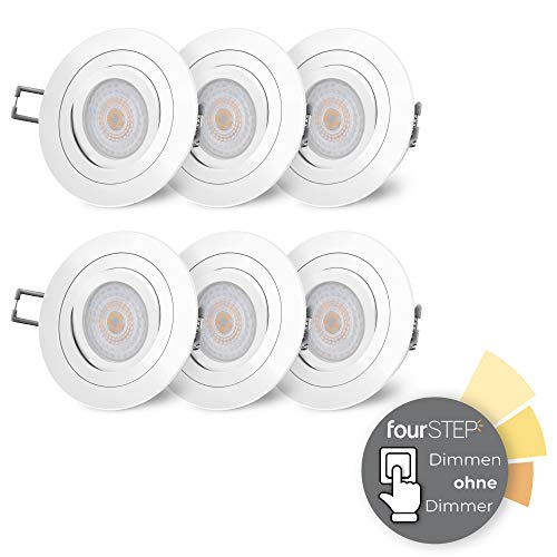 SSC-LUXon RF-2 LED Einbauleuchte Set rund weiß & flach fourSTEP Dimmen ohne Dimmer 4W warmweiß - 6x Deckenspot schwenkbar rund von SSC-LUXon