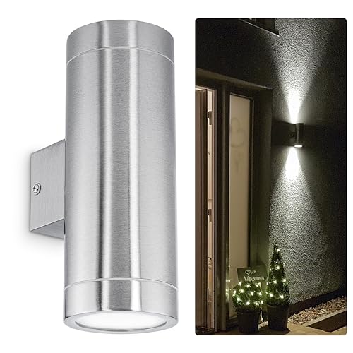 SSC-LUXon TIRA LED Wandlampe Up Down Außen 230V - mit 2x GU10 LED Strahler 3W neutralweiß - Aussenwandlampe Edelstahl IP44 von SSC-LUXon