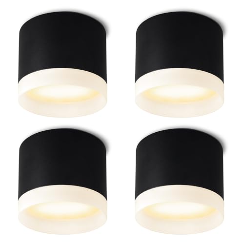 SSC-LUXon VORA Spot Deckenlampe schwarz rund 4 Stück mit Design Leuchtring - moderne Aufputzleuchte flach mit GX53 LED 5W warmweiß von SSC-LUXon