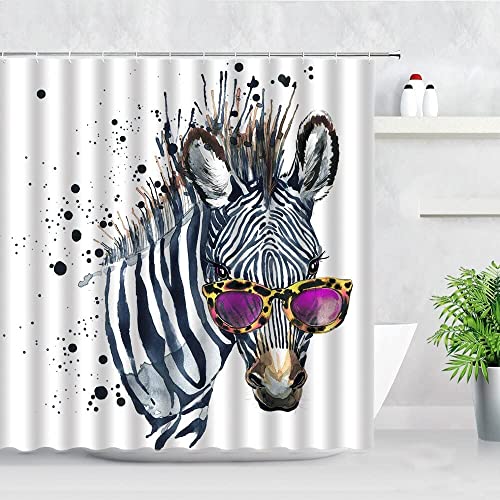 Duschvorhang 120x200 Graffiti Malen， 3D Drucken Zebra Mit Brille Shower Curtains Textil Anti Schimmel Wasserabweisend Duschvorhänge Badewanne Stoff Polyester Waschbar Lang Vorhang mit 8 Haken von SSCDDC