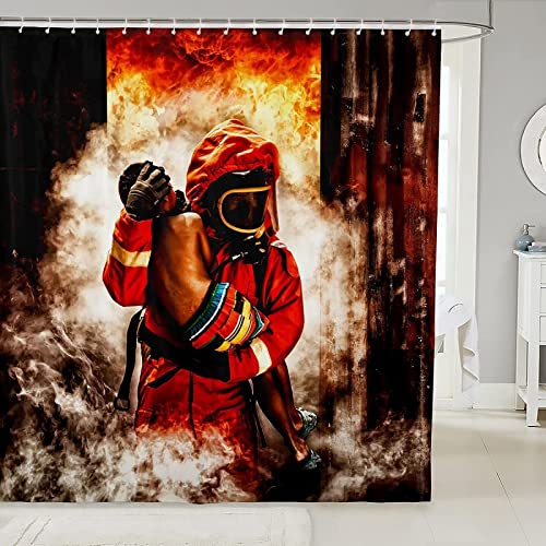 Duschvorhang 120x200 Rettungsszene Der Feuerwehr, 3D Drucken Shower Curtains Textil Anti Schimmel Wasserdicht Duschvorhänge Badewanne Stoff Polyester Waschbar Vorhang mit 8 Haken von SSCDDC