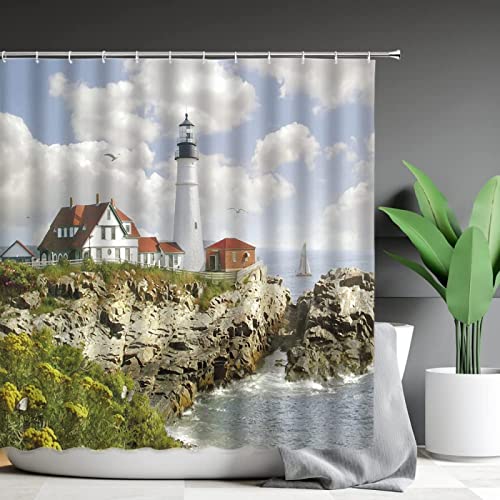 Duschvorhang 120x200 Weißer Leuchtturm, 3D Drucken Strand Shower Curtains Textil Anti Schimmel Wasserdicht Duschvorhänge Badewanne Stoff Polyester Waschbar Lang Vorhang mit 8 Haken Duschvorhang 120x200 Weißer Leuchtturm, 3D Drucken Strand Shower Curtains Textil Anti Schimmel Wasserdicht Duschvorhänge Badewanne Stoff Polyester Waschbar Lang Vorhang mit 8 Haken von SSCDDC