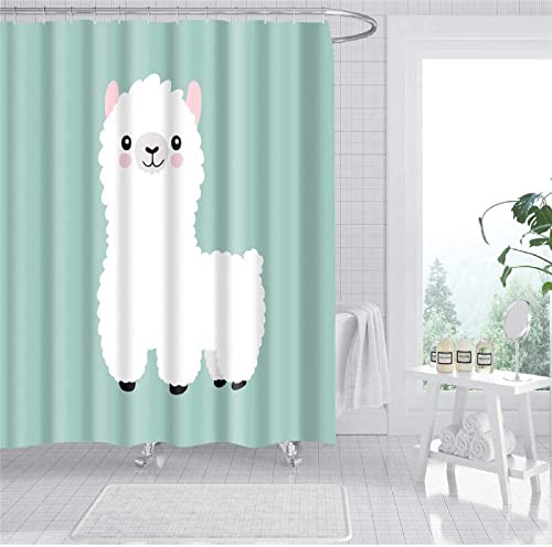 Duschvorhang 180x180 Karikatur， 3D Drucken Weißes Alpaka Shower Curtains Textil Anti Schimmel Wasserdicht Duschvorhänge Badewanne Stoff Polyester Waschbar Lang Vorhang mit 12 Haken von SSCDDC