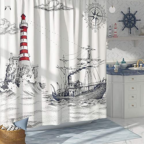Duschvorhang 180x180 Nautisches Segelboot, 3D Drucken Leuchtturm Shower Curtains Textil Anti Schimmel Wasserdicht Duschvorhänge Badewanne Stoff Polyester Waschbar Lang Vorhang mit 12 Haken von SSCDDC