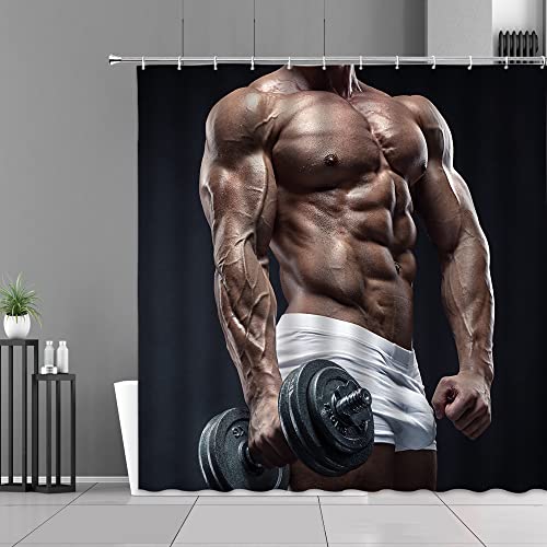 Duschvorhang 180x180 Sexy Männer， 3D Drucken Muskel-Fitness-Übung Shower Curtains Textil Anti Schimmel Wasserabweisend Duschvorhänge Badewanne Stoff Polyester Waschbar Lang Vorhang mit 12 Haken von SSCDDC