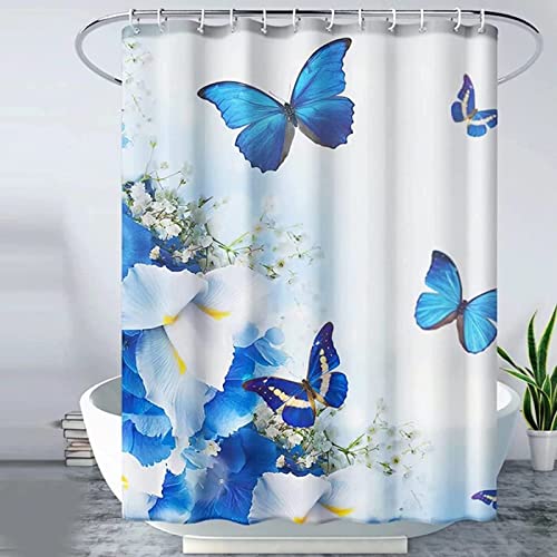 Duschvorhang 240x200 Blauer Schmetterling, 3D Drucken Blumen Shower Curtains Textil Anti Schimmel Wasserdicht Duschvorhänge Badewanne Stoff Polyester Waschbar Lang Vorhang mit 12 Haken von SSCDDC