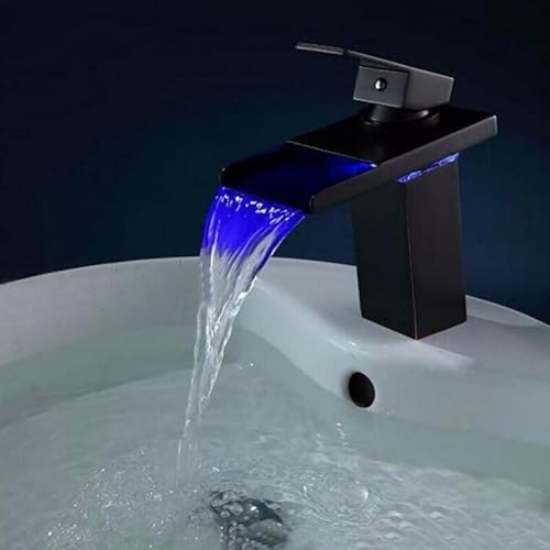 LED-Waschtischarmaturen, weißes Messing, Wasserfall, Waschbecken, Wasserhahn, Einhandloch, Deck, Vintage, Waschen, Heiß- und Kaltmischarmaturen, Kran (Nero) von SSDXFJZR
